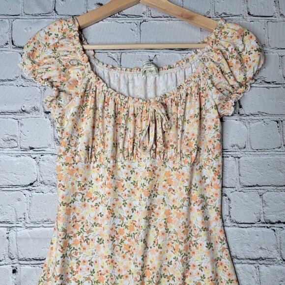 No Comment Peach Orange Small Floral Flower Print Peasant Bust Sleeve Dress Sz L - Picture 2 of 11